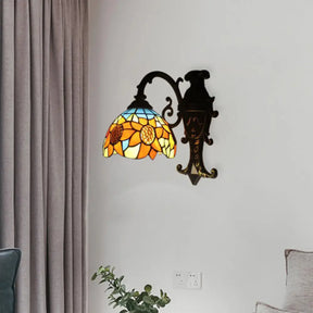 Rustic Tiffany Sunflower Sconce Lamp - Stained Glass Wall Light In Orange For Bedroom