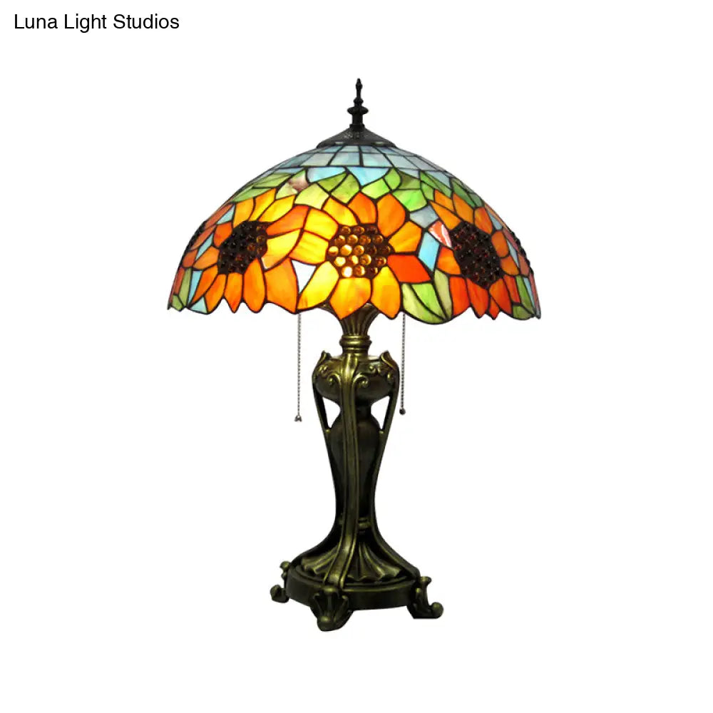 Rustic Tiffany Villa Desk Light With Stained Glass And Pull Chain 2 Lights Orange/Beige