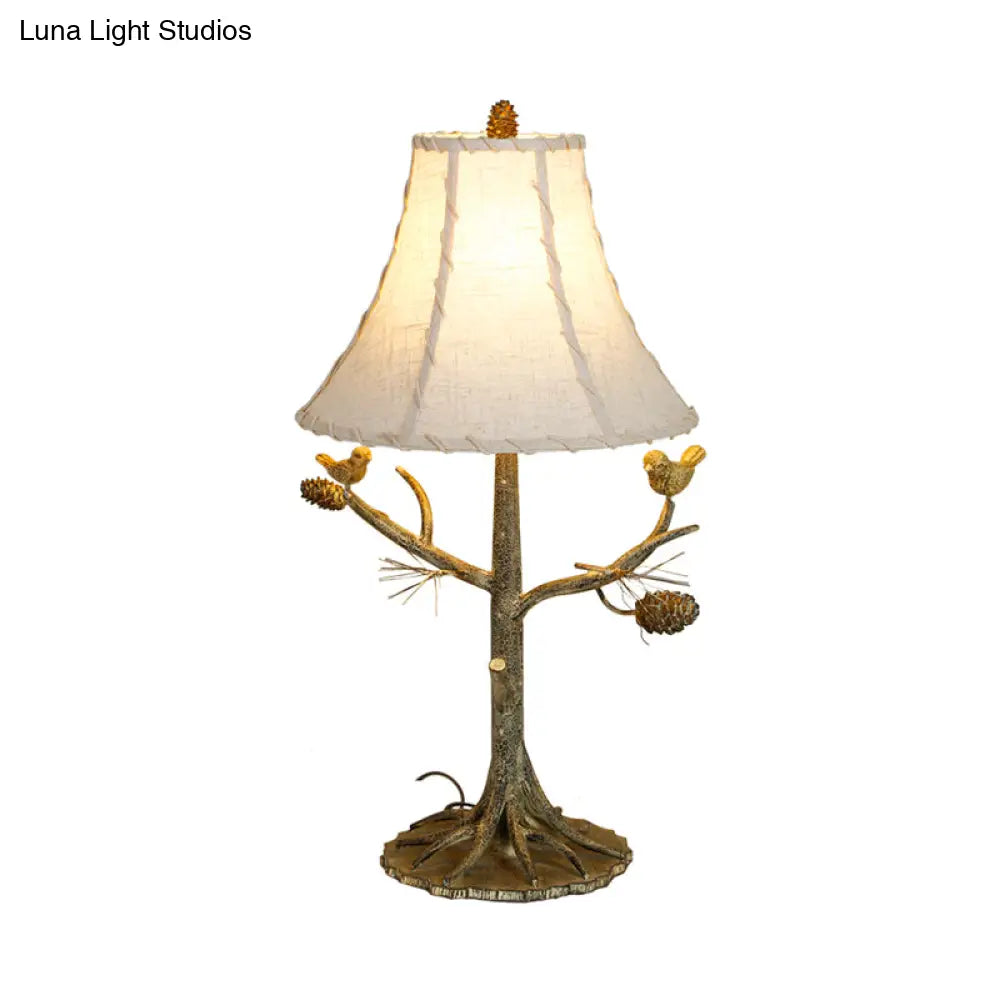 Rustic Tower Shade Fabric Table Lamp: 1-Light Reading Light For Bedroom Beige With Bird Design