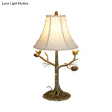 Rustic Tower Shade Fabric Table Lamp: 1-Light Reading Light For Bedroom Beige With Bird Design