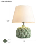 Rustic Trellis Ceramic Night Lamp: Green/White Bedside Table Light With Cone Shade