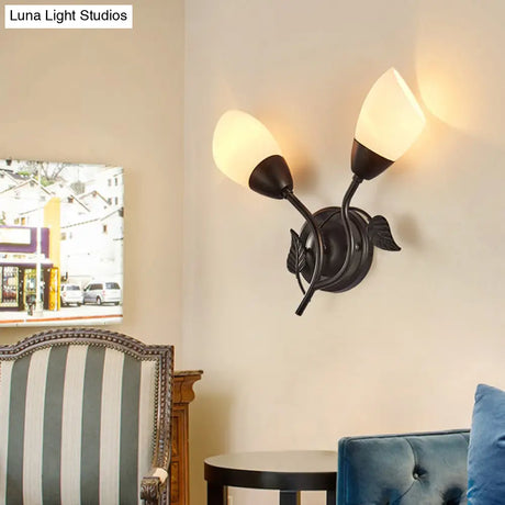 Rustic Tulip Wall Sconce Light With 2 Opal Frosted Glass Bulbs - Black/Gold Bedroom Lamp