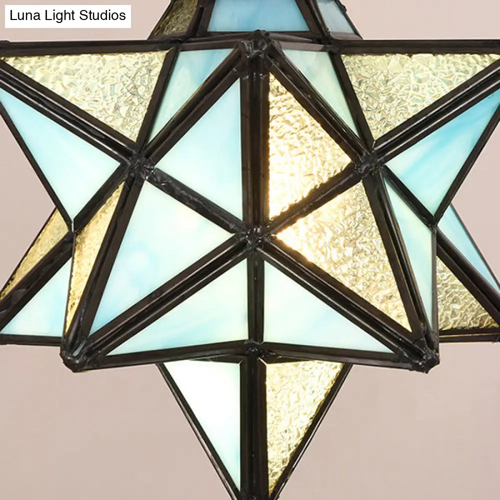 Rustic Vintage Blue Glass Star Wall Light Sconce With Bookshelf - 1 Lamp