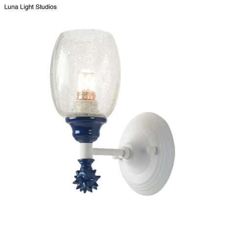 Rustic Wall Mounted Bedside Lamp With Oval Crackle Glass Shade - Rural Blue/Gold/Dark Blue Lighting