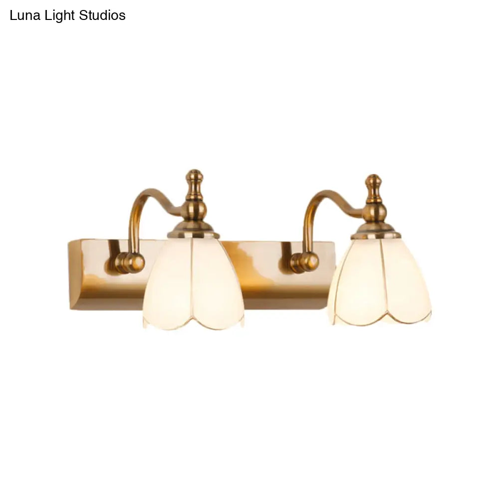 Rustic Wall Mounted Vanity Lamp: White Glass Brass Scalloped 1/2-Light With Curved Arm