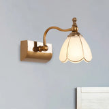 Rustic Wall Mounted Vanity Lamp: White Glass Brass Scalloped 1/2-Light With Curved Arm 1 /