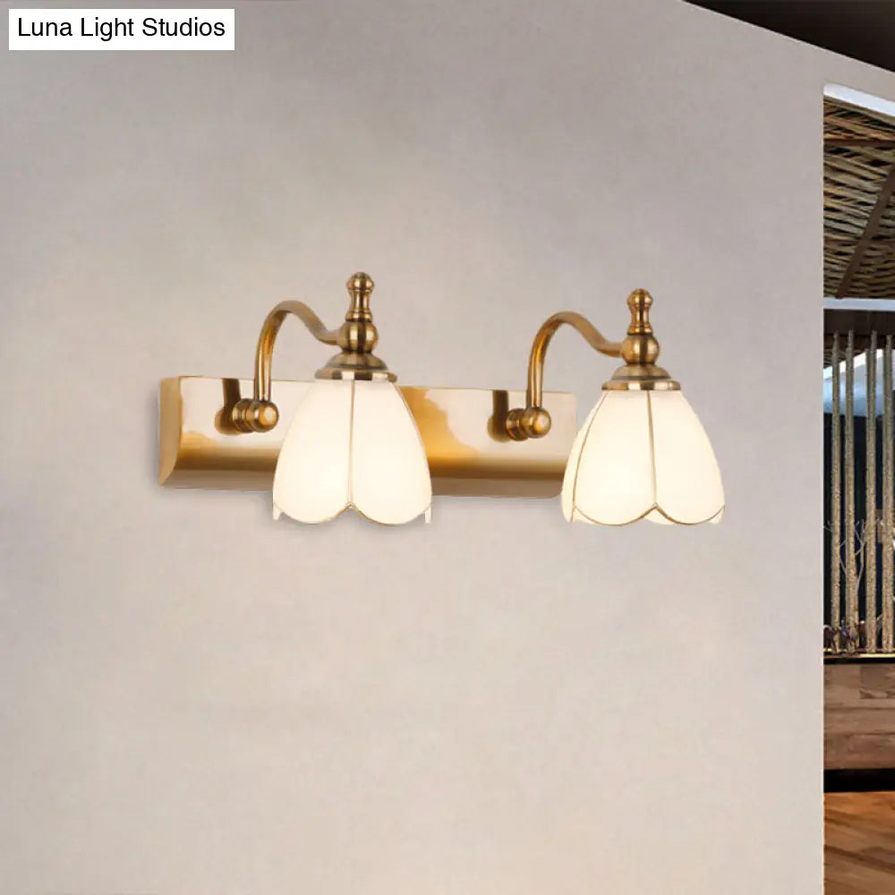 Rustic Wall Mounted Vanity Lamp: White Glass Brass Scalloped 1/2-Light With Curved Arm