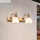 Rustic Wall Mounted Vanity Lamp: White Glass Brass Scalloped 1/2-Light With Curved Arm