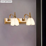 Rustic Wall Mounted Vanity Lamp: White Glass Brass Scalloped 1/2-Light With Curved Arm