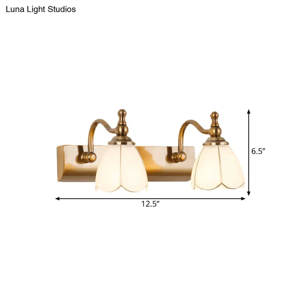 Rustic Wall Mounted Vanity Lamp: White Glass Brass Scalloped 1/2-Light With Curved Arm
