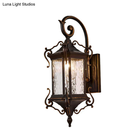 Rustic Water Glass Wall Sconce With Metal Scrolled Arm Single Bulb Coffee Lantern