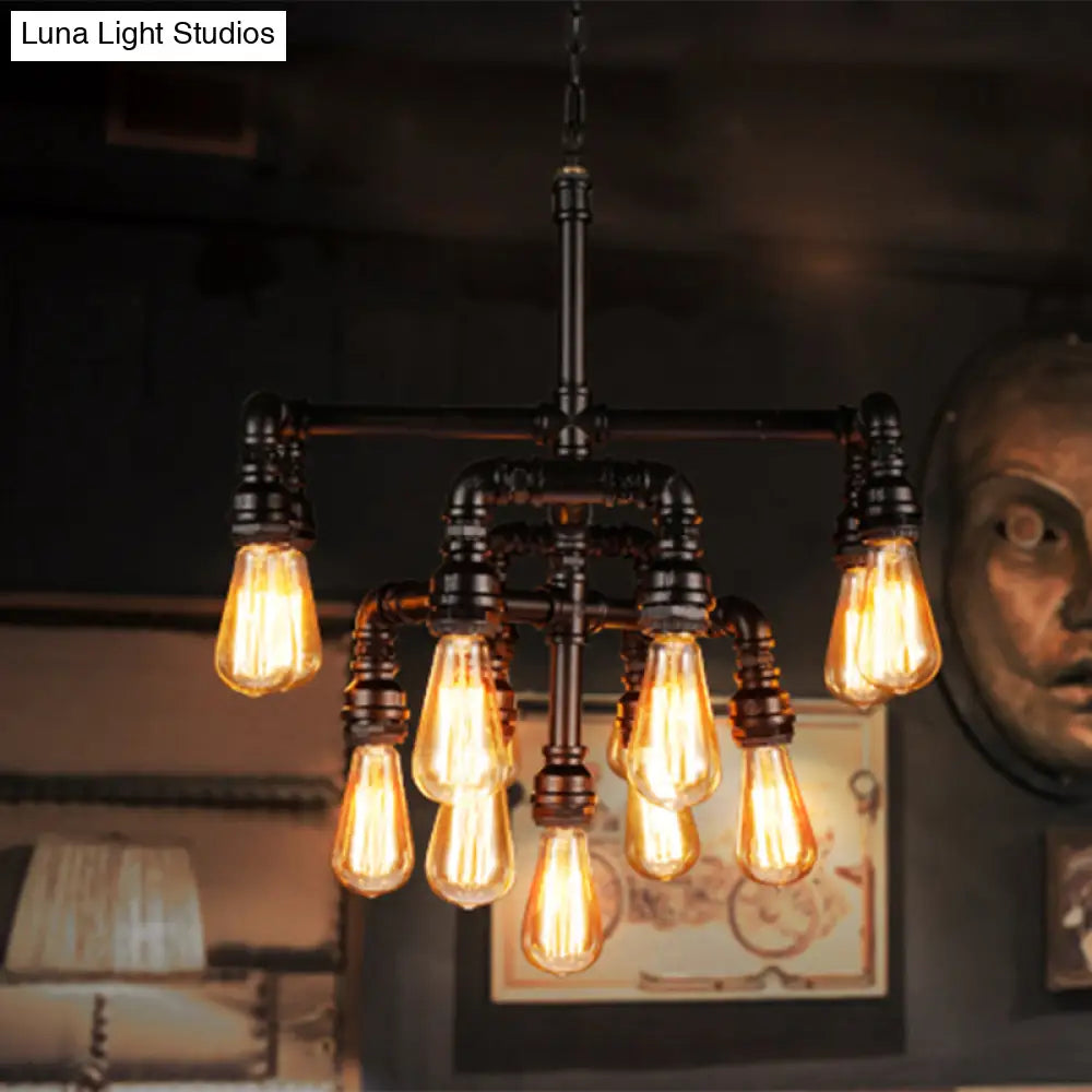 Rustic Water Pipe Iron Chandelier With 13 Lights In Black