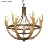 Rustic Wheel Resin Pendant Chandelier With Elk Deco - 6/9 Lights Brown Perfect For Dining Room