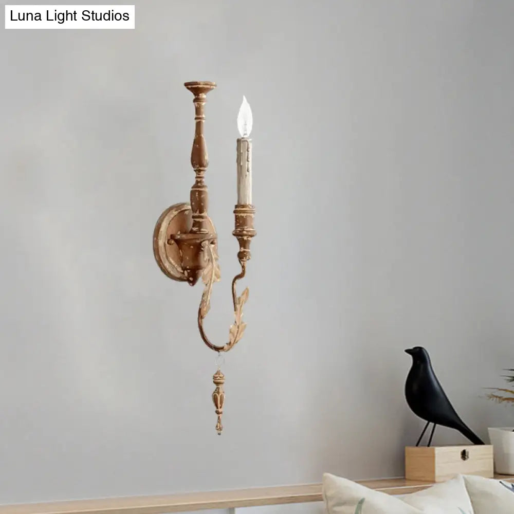 Rustic White/Brown 1-Light Candle Wall Fixture - Metallic Mounted Lamp