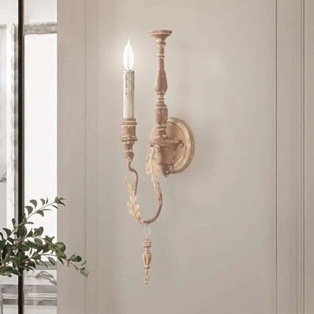 Rustic White/Brown 1-Light Candle Wall Fixture - Metallic Mounted Lamp Brown