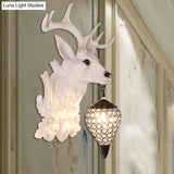 Rustic White Elk Wall Sconce With Crystal Shade - Indoor Lighting Fixture