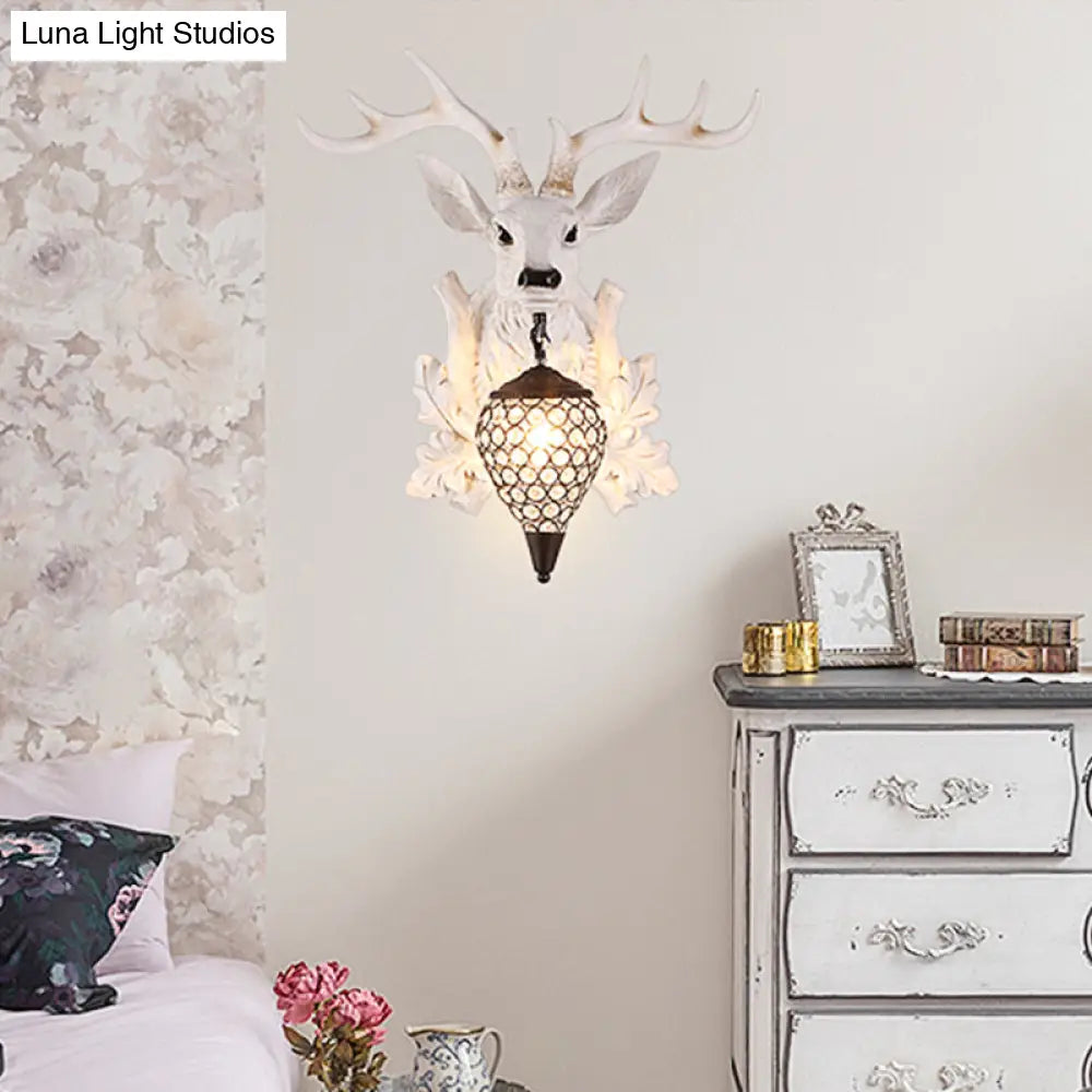 Rustic White Elk Wall Sconce With Crystal Shade - Indoor Lighting Fixture
