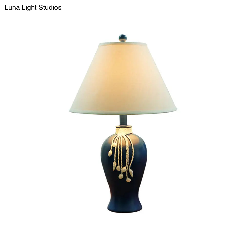 Rustic White Fabric Night Lamp With Blue Ceramic Bottle Base