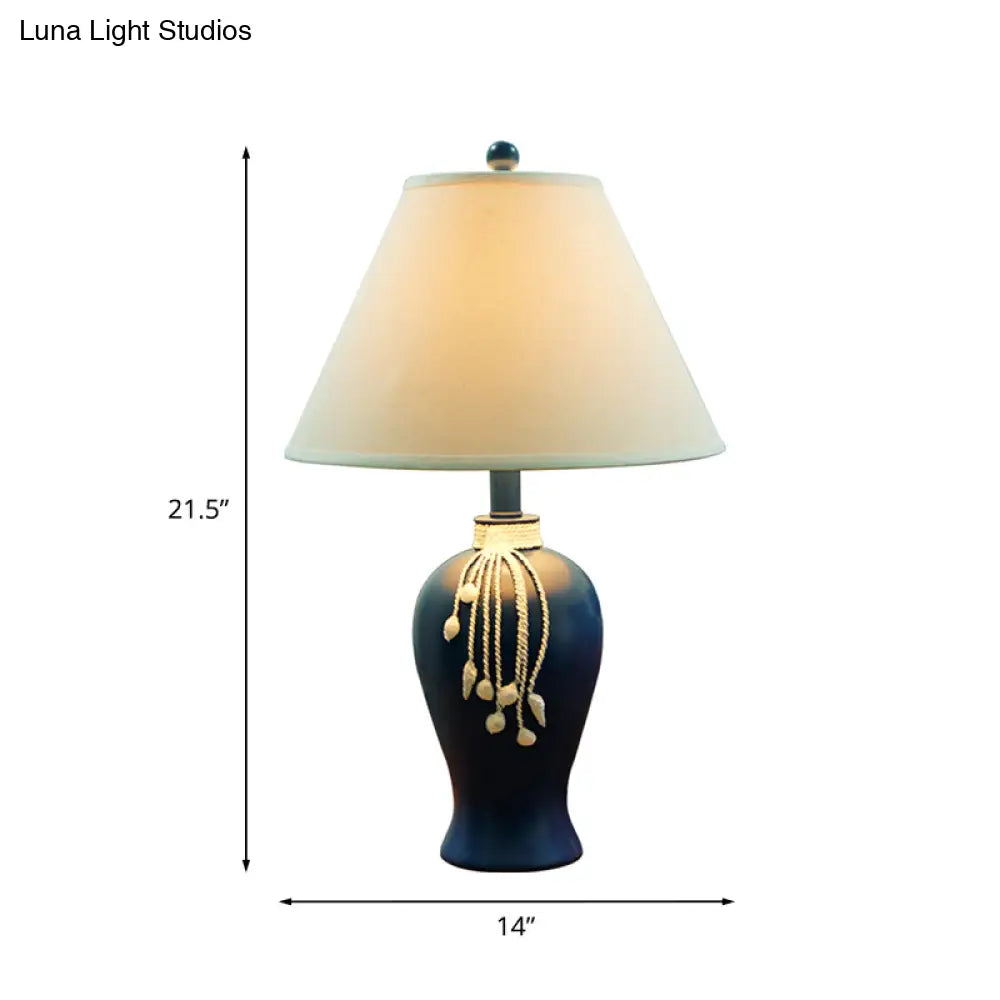Rustic White Fabric Night Lamp With Blue Ceramic Bottle Base
