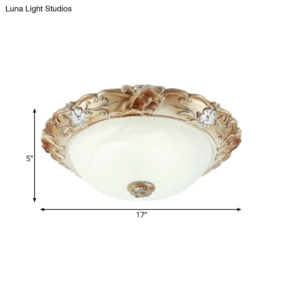 Rustic White Glass Bowl Flush Mount Light With Carved Edge - 2/3 Bulbs 13’/17’ Wide