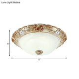 Rustic White Glass Bowl Flush Mount Light With Carved Edge - 2/3 Bulbs 13’/17’ Wide