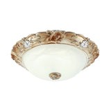 Rustic White Glass Bowl Flush Mount Light With Carved Edge - 2/3 Bulbs 13/17 Wide