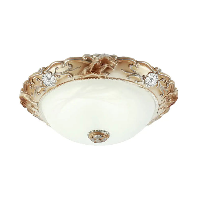 Rustic White Glass Bowl Flush Mount Light With Carved Edge - 2/3 Bulbs 13/17 Wide