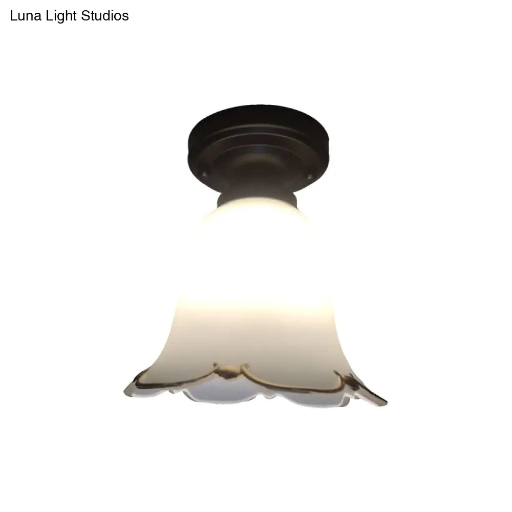 Rustic White Glass Ceiling Light For Hallways - 1 Bulb Black Flush Mount Fixture