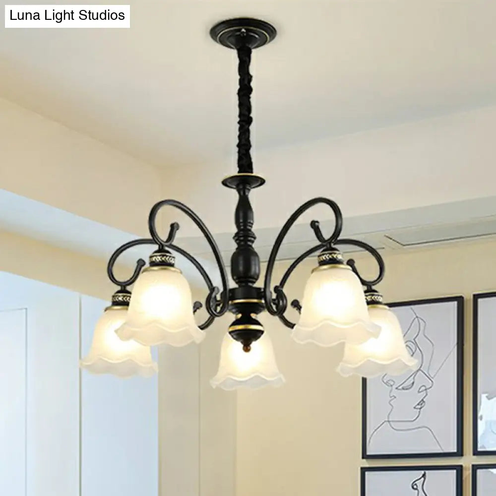 Rustic White Glass Chandelier With Ruffle Trim - Dining Room Suspension Light
