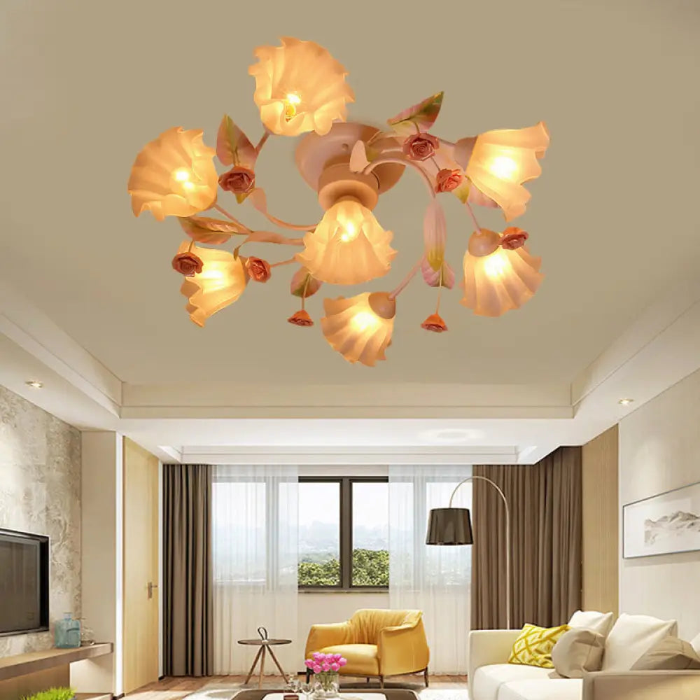 Rustic White Glass Flower Semi Flush Mount Light With 4/7 Lights - Bedroom Hanging Fixture’ Or