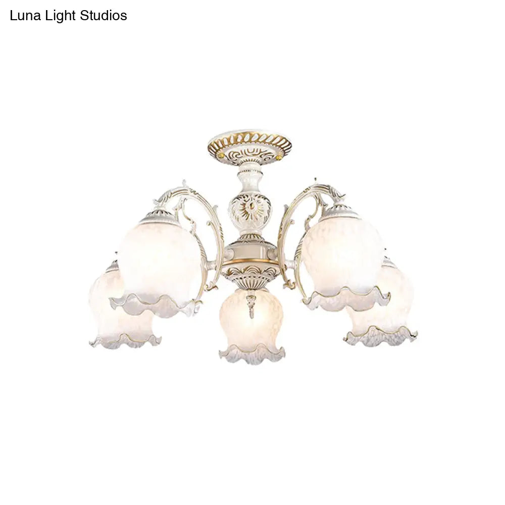Rustic White Glass Semi Flush Mount Light Fixture With Beige Finish - Flower Living Room 3/5/6 Bulbs