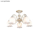 Rustic White Glass Semi Flush Mount Light Fixture With Beige Finish - Flower Living Room 3/5/6 Bulbs