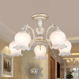 Rustic White Glass Semi Flush Mount Light Fixture With Beige Finish - Flower Living Room 3/5/6