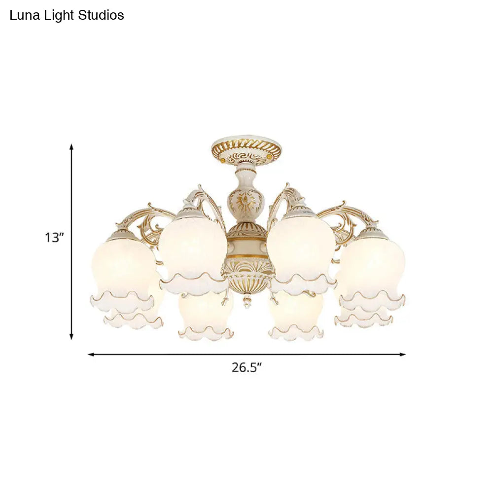 Rustic White Glass Semi Flush Mount Light Fixture With Beige Finish - Flower Living Room 3/5/6 Bulbs