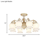 Rustic White Glass Semi Flush Mount Light Fixture With Beige Finish - Flower Living Room 3/5/6 Bulbs