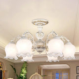 Rustic White Glass Semi Flush Mount Light Fixture With Beige Finish - Flower Living Room 3/5/6
