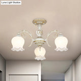 Rustic White Glass Semi Flush Mount Light Fixture With Beige Finish - Flower Living Room 3/5/6 Bulbs