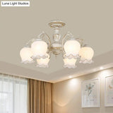 Rustic White Glass Semi Flush Mount Light Fixture With Beige Finish - Flower Living Room 3/5/6 Bulbs