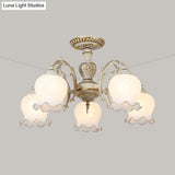 Rustic White Glass Semi Flush Mount Light Fixture With Beige Finish - Flower Living Room 3/5/6 Bulbs