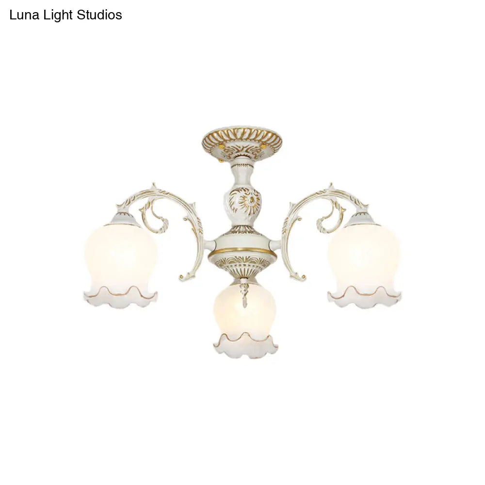 Rustic White Glass Flower Semi Flush Mount Light Fixture With 3/5/6 Bulbs For Living Rooms
