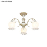 Rustic White Glass Flower Semi Flush Mount Light Fixture With 3/5/6 Bulbs For Living Rooms