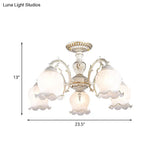 Rustic White Glass Semi Flush Mount Light Fixture With Beige Finish - Flower Living Room 3/5/6 Bulbs