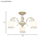 Rustic White Glass Semi Flush Mount Light Fixture With Beige Finish - Flower Living Room 3/5/6 Bulbs