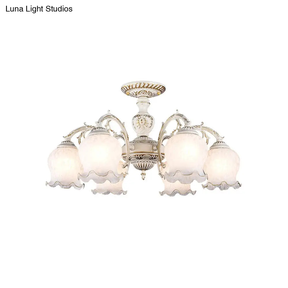 Rustic White Glass Semi Flush Mount Light Fixture With Beige Finish - Flower Living Room 3/5/6 Bulbs