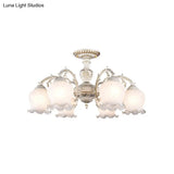 Rustic White Glass Semi Flush Mount Light Fixture With Beige Finish - Flower Living Room 3/5/6 Bulbs