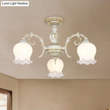 Rustic White Glass Semi Flush Mount Light Fixture With Beige Finish - Flower Living Room 3/5/6 Bulbs