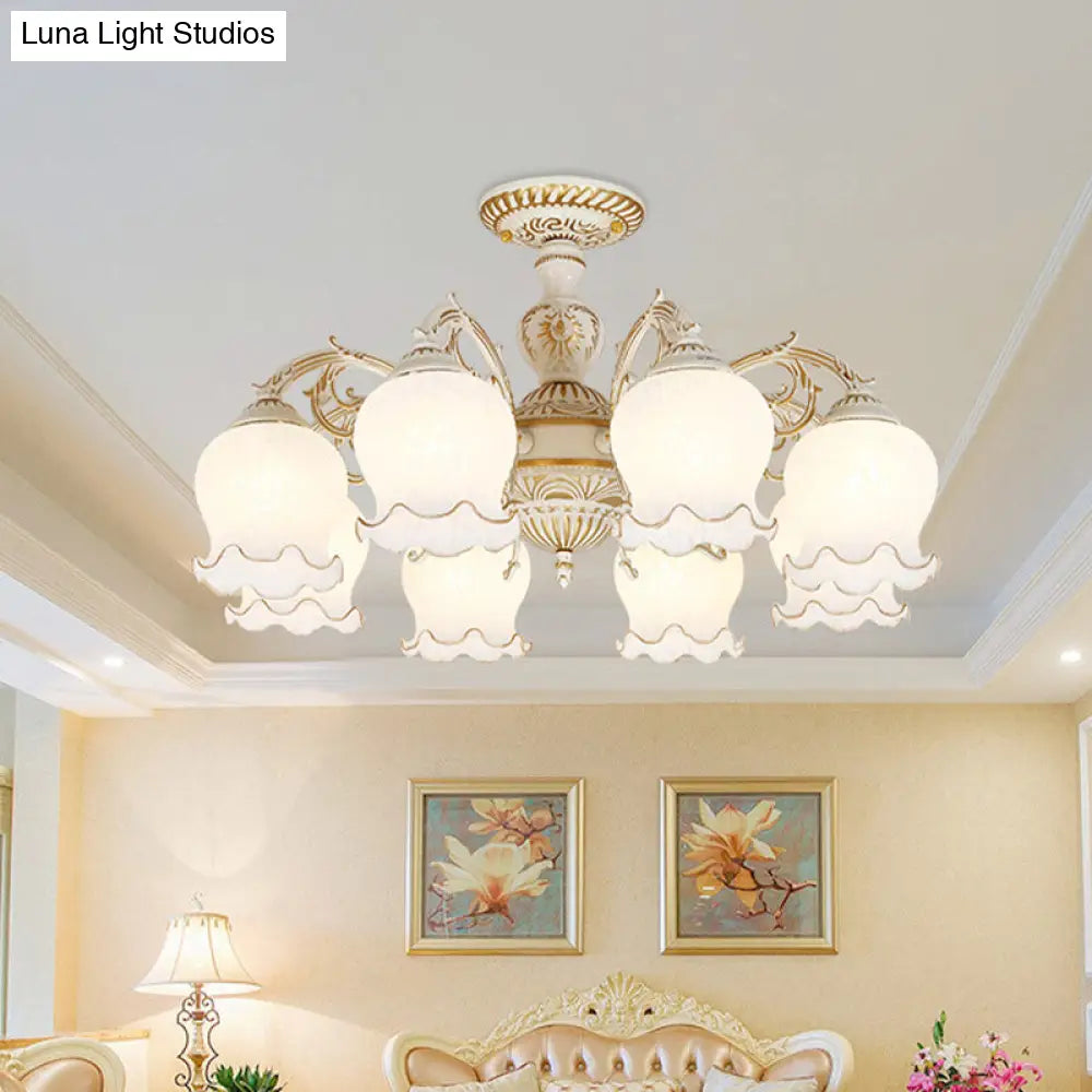 Rustic White Glass Semi Flush Mount Light Fixture With Beige Finish - Flower Living Room 3/5/6 Bulbs