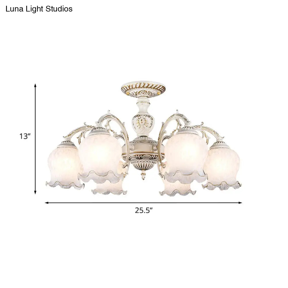 Rustic White Glass Semi Flush Mount Light Fixture With Beige Finish - Flower Living Room 3/5/6 Bulbs