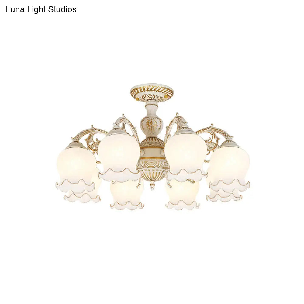 Rustic White Glass Semi Flush Mount Light Fixture With Beige Finish - Flower Living Room 3/5/6 Bulbs