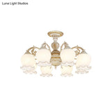 Rustic White Glass Semi Flush Mount Light Fixture With Beige Finish - Flower Living Room 3/5/6 Bulbs